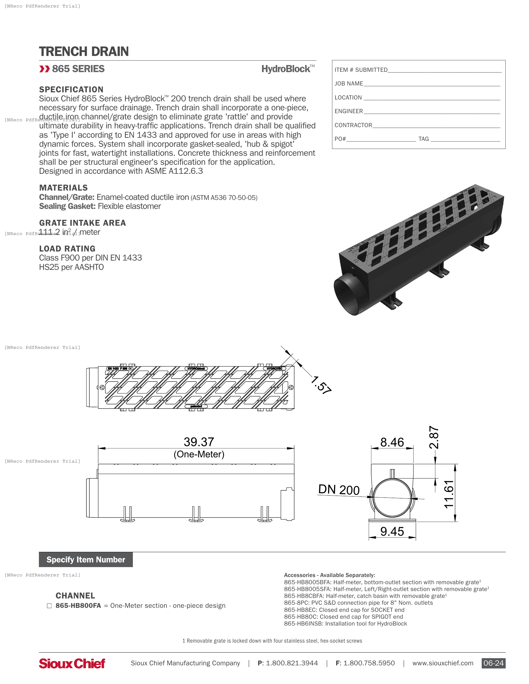 865 SERIES - HYDROBLOCK 200 F900 - SPEC SHEET.PDF Specification Document
